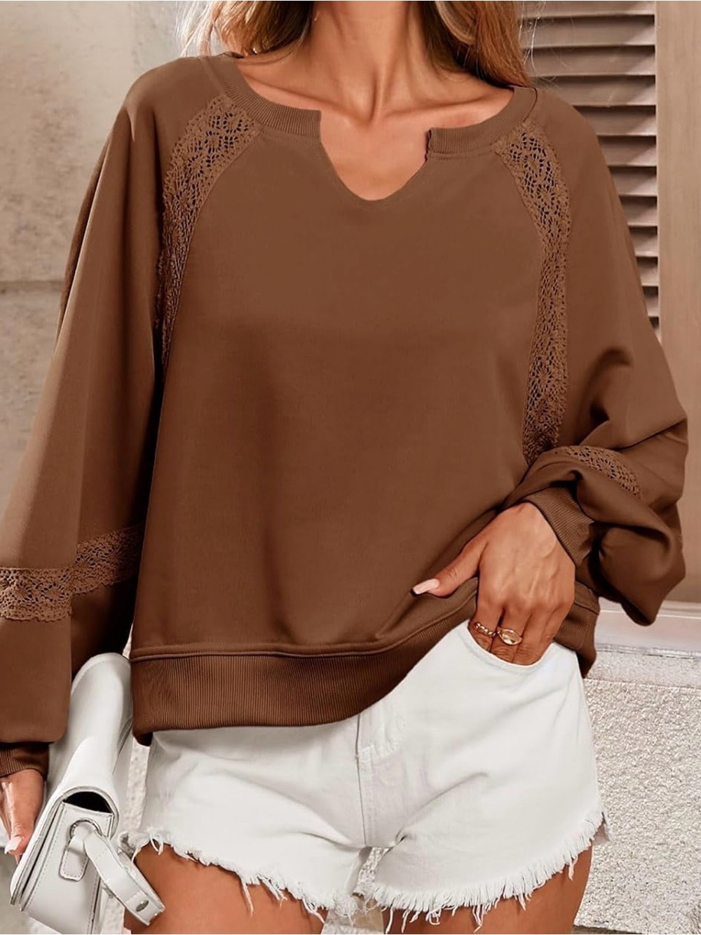 Lace Trim Sweatshirt V-neck Medium